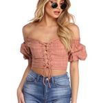Windsor Women Coral Peasant Lace-Up Off the Shoulder Cottagecore Cropped Top L Photo 1