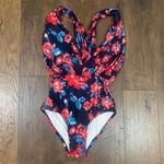Modcloth High Drive by Deep V-Neck Floral Navy/Red One-Piece Bathing Suit Photo 2