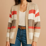 Women's Oversized Striped Open Front Cardigan Sweater Neutral Coral Cozy Knit Size L Photo 0