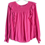 Loft Women's Hot Pink Clip Smocked Dots Long Sleeve Ruffle Blouse Top Size Large Photo 0