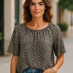 MICHAEL KORS Cheetah Leopard Gray Black Stretchy Pullover Top ~ Women's LARGE Photo 0