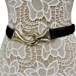 Chico's Chico’s Black Leather Belt with Sculptural Gold Hook Buckle – Size S/M Photo 2