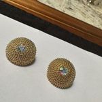 Avon Gold Tone Aurora Borealis Rhinestone Round Dome Clip On Earrings Signed Photo 1