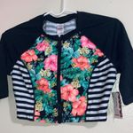 Bongo Black And White Striped Floral Coverup Bikini Top Photo 0