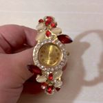 Crystal Rhinestone Red Floral Fashion Bracelet Watch Gold Photo 1
