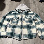 No Boundaries  small Sherpa Women’s Blue Teal White Coat Jacket Hooded Pockets Photo 0