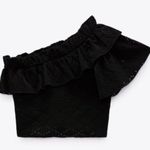 ZARA One Shoulder Eyelet Ruffle Top Black Large Stretchy Photo 1