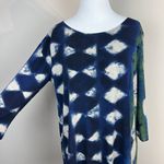 Clara Sun Woo Top Small Blue Green Gray Artsy Pattern Jersey Stretch 3/4 Sleeve Photo 1