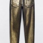 ZARA  Z1975 METALLIC SKINNY MID-RISE FOIL JEANS PANT FRAYED BLACK GOLD SIZE 4 NEW Photo 11
