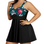 Chama Plus Size Flowy Swimdress Retro Printed Swimsuit Empire Waist Tankini Black Photo 2