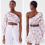 Urban Outfitters  Kate One Sleeve Crop Top Large Blue Floral Ruffle Photo 1