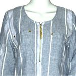Ellen Tracy Women's Linen Top Blouse Blue White Striped Gold Tassel Zipper Photo 4