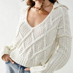 Free People  Size XL Traveler Cable Knit Pullover V Neck Sweater Creme Neutral Photo 0