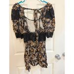 Free People Floral Mini Dress Lace Trim Puff Sleeve Tie Back Black Gold 4 Photo 5