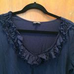 EXPRESS Women’s navy blue V-neck shirt ruffle neckline fitted size Large Photo 1