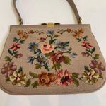 Vintage Floral Tapestry Needlepoint Purse Handbag Granny w/ Small Mirror EUC Tan Photo 6