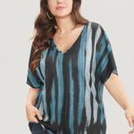 Bloomchic Striped Contrast Dolman Sleeve V Neck T-Shirt Blue Black 12 Photo 1