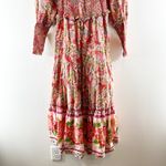 Farm Rio  Macaw Flight Smocked Cotton Long Sleeve Midi Dress Pink Red Small Photo 10