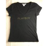 Playboy B42 Womens Rare Vintage  T-shirt with Rhinestones Black Gold Size Small Photo 1