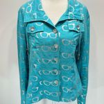 Just B Teal Linen Blend Lightweight Jacket w Rhinestone Sunglasses & Buttons L Blue Size L Photo 1