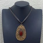 Lucky Brand Red Carnelian Brass-tone Large Pendant Leather Cord 26” Necklace Photo 10