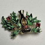 BJ Christmas Candle Red Rhinestone Holly Green Enamel Gold Tone Brooch Pin Photo 1