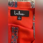 LULU’s Social Philosophy Coral Red Print Halter Tie Back Dress size Large Orange Photo 6