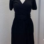 Loft Black Midi Dress Pleated Skirt w/ Belt Sz 2 Polyester Stretch V-neck Photo 0