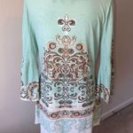 GILI Tunic Top Dress Bell Sleeves Green White Gray Print Photo 3