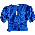 Flynn Skye  small blue satin puff sleeve button down ruched bodice vneck sexy top Photo 0