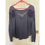 Free People Blue Long Sleeve Top Size XS Small Boho Sheer Open Back Waffle Knit Photo 1