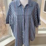 Vintage Navy Blue White Embroidered Gingham Short Sleeve Camp Shirt Blouse Sz M Size M Photo 8
