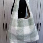 Handmade White Light Green Plaid Sherpa Tote Bag Photo 2