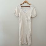 Madewell Puff-Sleeve Button-Wrap Midi Dress in Undyed Stripe Cotton Linen Size 6 Photo 2
