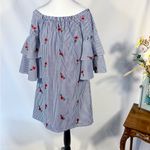 Betsey Johnson  Off Shoulder Navy Stripe Embroidered Dress Ruffle Sleeve Sz 6 💛 Photo 5