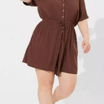 Torrid  Mahogany Brown Rayon Slub V-Neck Button Front Tie Waist Romper Size 1X Photo 0