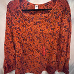 Old Navy  Floral Print Tassel Tie Blouse Orange Purple Long Sleeve Women's Size M Photo 0