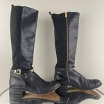 Michael Kors Black Leather Gold Hardware Buckle Arley Knee High Riding Boots Photo 3