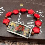 Handmade  Red Daisy Floral Stretch Bracelet • Vintage Parts Boho Retro Photo 2