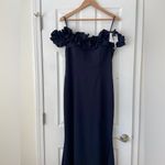 XScape  Women's Long Crepe Over-The-Shoulder Ruffle Gown Navy size 14 NWT Photo 1