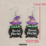 Festive Halloween Earrings: Wooden Witch Hat & Cauldron Charm Black Photo 1