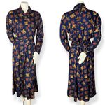 Vintage Floral Midi Dress Navy Blue Long Sleeve Belt Rayon Modest 80s Momcore Size 8 Photo 1