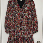 Entro  | Floral V Neck Button Front Long Balloon Sleeve Chiffon Mini Dress, S Photo 0