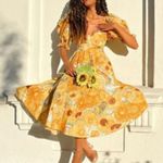 Selkie Tea Rose Dress Women’s Small Yellow Sunflower Cotton Puff Sleeve Midi Photo 0
