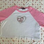Papaya  Pink and White Raglan rhinestone heart crop top Photo 0
