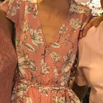 Haute Monde Red Striped Short Sleeve Floral Romper with Tie Waist. Size Small Photo 0