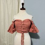 Windsor Women Coral Peasant Lace-Up Off the Shoulder Cottagecore Cropped Top L Photo 2