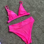 Aerie  Hot Pink Shine Rib Plunge Bikini Top and Bottoms Photo 0