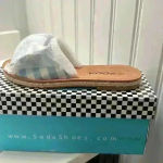 Soda Blue and‎ White Gingham Bow Espadrille Slide Sandals Photo 2