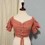 Windsor Women Coral Peasant Lace-Up Off the Shoulder Cottagecore Cropped Top L Photo 0